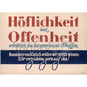 A German language clipart image featuring large, bold text promoting politeness, openness, and discouraging gossip. The text reads 'Hflichkeit und Offenheit erleichtern uns das gemeinsame Schaffen' and 'Besonders von Klatsch wollen wir nichts wissen: Wir verzichten gern auf ihn!'.