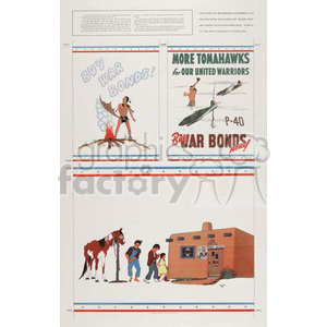 The clipart image includes two war bond posters and an illustration of a Native American family scene. The first poster features a Native American man with a tomahawk and fire saying 'Buy War Bonds!' The second poster shows a Native American man and a P-40 airplane with the text 'More Tomahawks for our United Warriors. Buy War Bonds now!' The lower portion depicts a Native American family with a horse in front of a pueblo-style house.