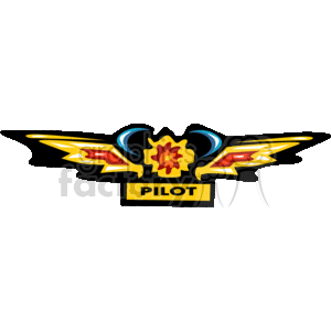The image depicts a stylized representation of a pilot's wings badge. It features a set of wings on either side of a central emblem with a flame-like design. Above the flames, there is a blue crescent moon. Below the wings and central emblem, a rectangular bar with the word PILOT is shown.