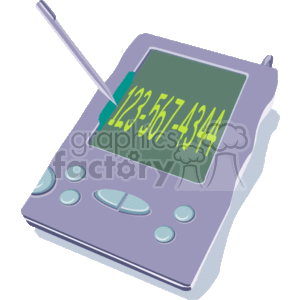 The clipart image features a vintage Palm Pilot (Palm PDA or Pocket PC) with a stylus and a display showing a caller ID number.