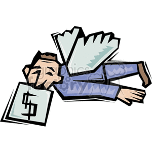 Clipart of a businessman with wings, symbolizing angel investor, holding a dollar sign.