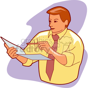 An illustration of a businessman in a yellow shirt and tie, holding a document and a pen, appearing to be presenting or discussing.