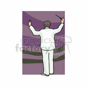 Clipart image of a conductor in a white suit leading an orchestra, viewed from the back.