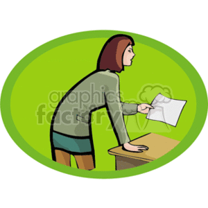 The clipart image shows a stylized cartoon of a woman or girl in a side profile who appears to be handing out or organizing papers on top of a desk or table. She has shoulder-length hair, is wearing a long-sleeved top and a skirt, and the background is a green oval.