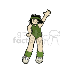   This clipart image depicts a cartoon of a woman engaging in aerobics or physical exercise. She is wearing a green sleeveless workout outfit, white sneakers, and has leg warmers on her calves. She