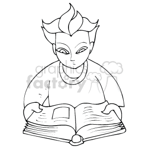 The clipart image features an individual with spiked hair reading a large, open book. The person has a neutral expression on their face and appears focused on the content of the book.