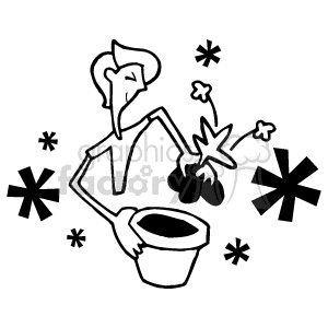 The clipart image features a stylized person watering a plant that is in a pot. The person is holding a watering can and pouring water onto the plant. There are also decorative flower or star-like shapes scattered around the image.