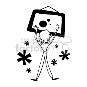In this clipart image, there is a stylized person holding up a large frame or picture to hang on the wall. There are asterisk-like shapes around the person, possibly indicating movement or effort.