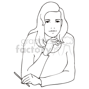 This clipart image depicts a woman who appears to be in a thoughtful or contemplative state. She is resting her chin on her hand, with her elbow propped on a surface, perhaps indicating she is pondering or considering something. There is also a pen in her other hand, suggesting she may have been writing or is about to write something.