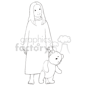 Line Drawing of Girl with Teddy Bear