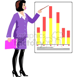 A clipart image of a woman in a purple business suit standing and pointing at a bar chart with a pointer. She is also holding a pink folder in her other hand.