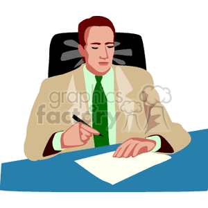 Clipart image of a businessman sitting at a desk, writing on a piece of paper, dressed in a suit and tie.