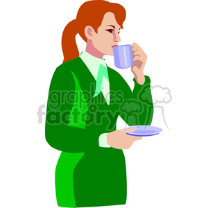 Clipart image of a person wearing a green suit, holding a plate in one hand, and drinking from a mug with the other hand.