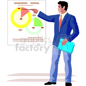 A businessman in a suit stands in front of a presentation chart, pointing to pie charts with a pointer while holding a blue folder in his other hand.