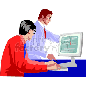 A clipart image depicting two people working at a computer. One person is typing on a keyboard while the other person appears to be providing assistance or guidance.