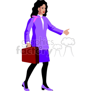 Clipart image of a businesswoman in a purple outfit, carrying a brown briefcase and pointing forward.