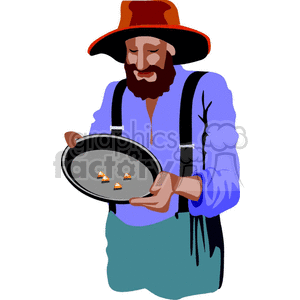 Clipart image of a bearded miner wearing a hat and suspenders holding a pan with gold nuggets.