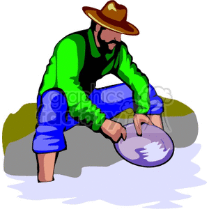 Clipart image of a person panning for gold, wearing a green shirt, blue pants, and a brown hat, by the edge of a body of water.