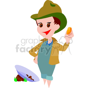 A cartoon gold miner holding a gold nugget with a pan of dirt nearby.