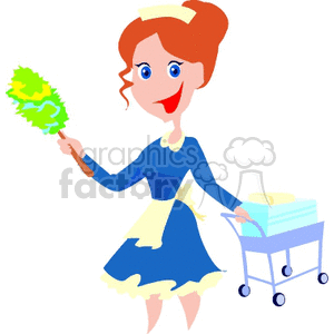 Maid with Feather Duster and Cleaning Cart