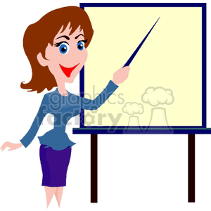 A cartoon woman teacher standing and pointing at a blank whiteboard during a presentation or lesson.