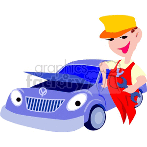 An illustration of a mechanic wearing a uniform and cap, standing next to a car with an open hood, holding tools.