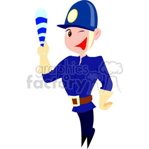 Cartoon illustration of a police officer in uniform, holding a baton and winking. The officer is wearing a blue outfit with a cap.