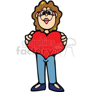   The image is a clipart that features a cartoon woman with curly hair wearing glasses, blue pants, and shoes. She is smiling and holding a big red heart in front of her. The image is colorful and has a playful, simplistic style, typical of illustrations aimed at conveying love and happiness, likely for themes such as Valentine