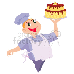 Clipart image of a smiling chef holding a cake.