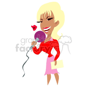 A cartoon illustration of a woman holding a microphone and a paper, wearing a red top and pink skirt with a happy facial expression.