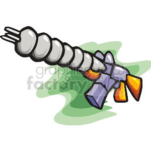   This clipart image depicts a stylized science fiction laser gun with a segmented barrel, likely intended to represent futuristic or alien technology. The gun is adorned with gray, orange, and blue colors, implying metal and energy components. It is set against an abstract green and white background, which may suggest motion or energy being emitted. 