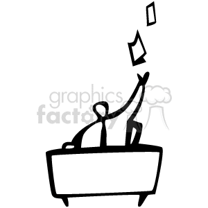 A stylized drawing of a businessman sitting at a desk, throwing papers in the air.