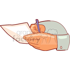 Clipart of a hand holding a pen and writing on a piece of paper.