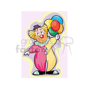 A cheerful circus clown holding colorful balloons, wearing a vibrant outfit, red nose, and big shoes.