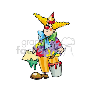 A Silly Clown Wearing a Cone Hat Big Bow and a Bucket on His Foot with Paint Spilling