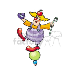 A Silly Clown Balancing on Three Balls While Holding his Hat a Cane and an Apple on his Head