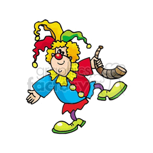 A colorful circus clown with a jester hat, wearing blue, green, and red clothes, holding a horn.