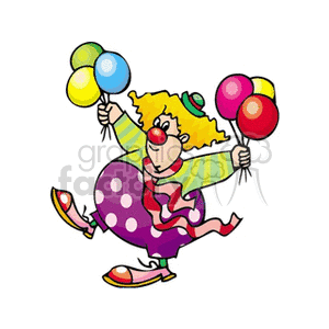 A Fat Funny Clown Wearing a Purple Polkadot pants Holding some Colorful Balloons 
