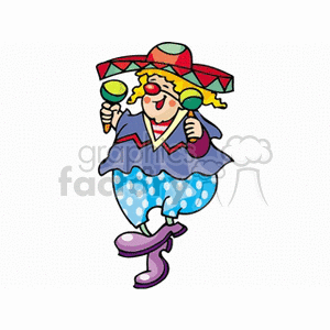 A colorful circus clown wearing a sombrero and polka dot pants, joyfully dancing with maracas.