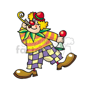 A Clown Wearing Big Brown Shoes Having a Party Holding a Horn