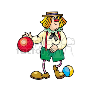 A whimsical circus clown holding a red ball, wearing a hat and green shorts, with striped socks and large shoes.