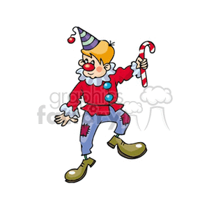 A Clown Wearing Patched Clothes and a Cone Hat Holding a Candy Cane