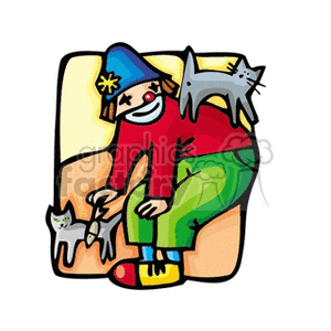 A colorful circus clown playing with two cats. The clown wears a blue hat, red shirt, and green pants, with a cat on its shoulder and another at its feet.