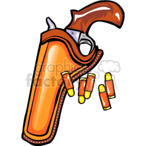 The image is a clipart illustration of a cowboy's revolver in a leather holster. The gun has a wooden grip and a silver body. Several bullets, which appear to be ammunition for the revolver, are shown next to the holster with one bullet partially inserted into the holster's ammunition loops.