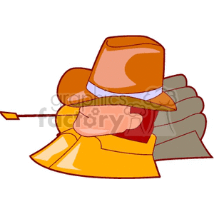 Clipart of a cowboy wearing a hat, resting on a stack of hay.