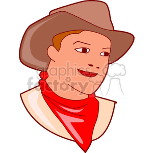 Clipart illustration of a smiling cowboy wearing a hat and red bandana.