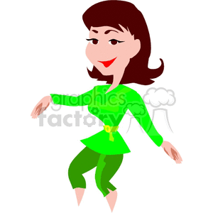 A Woman in a Green Shirt and Pants Dancing with her Hands Out