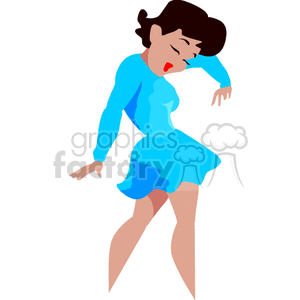 A cartoon woman in a blue dress is dancing energetically, with a playful expression and dynamic pose.