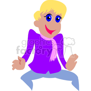 A colorful clipart image of a person joyfully dancing, wearing a purple shirt, pink scarf, and blue pants.