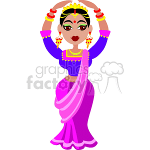 A colorful clipart image of a person in traditional Indian attire dancing, wearing vibrant pink and purple clothing with jewelry.